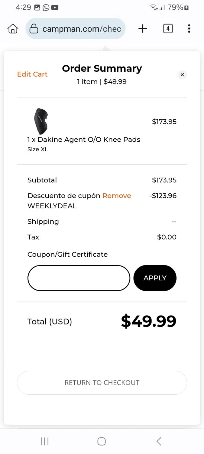 Campman coupon code screenshot showing code WEEKLYDEAL applied at Campman checkout page. Uploaded by SimplyCodes community member ScanMaverick9378 on Oct 15, 2025