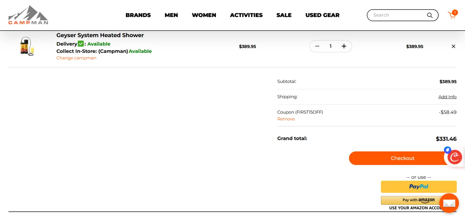 Campman coupon code screenshot showing code FIRST15OFF applied at Campman checkout page. Uploaded by SimplyCodes community member marielysmorales on Sep 6, 2025