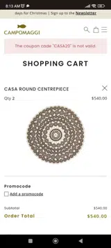 CASA20 coupon verification screenshot