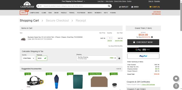 CampSaver checkout page showing CampSaver coupon code box | Screenshot taken by SimplyCodes community member on Aug 25, 2025