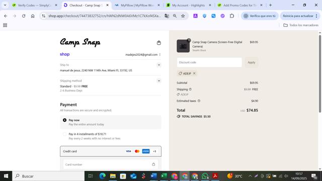 Camp Snap checkout page showing Camp Snap discount code box | Screenshot taken by SimplyCodes community member on Sep 14, 2025