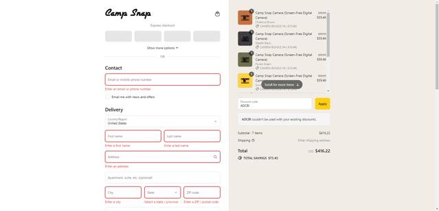 Camp Snap checkout page showing Camp Snap discount code box | Screenshot taken by SimplyCodes community member on Sep 14, 2025