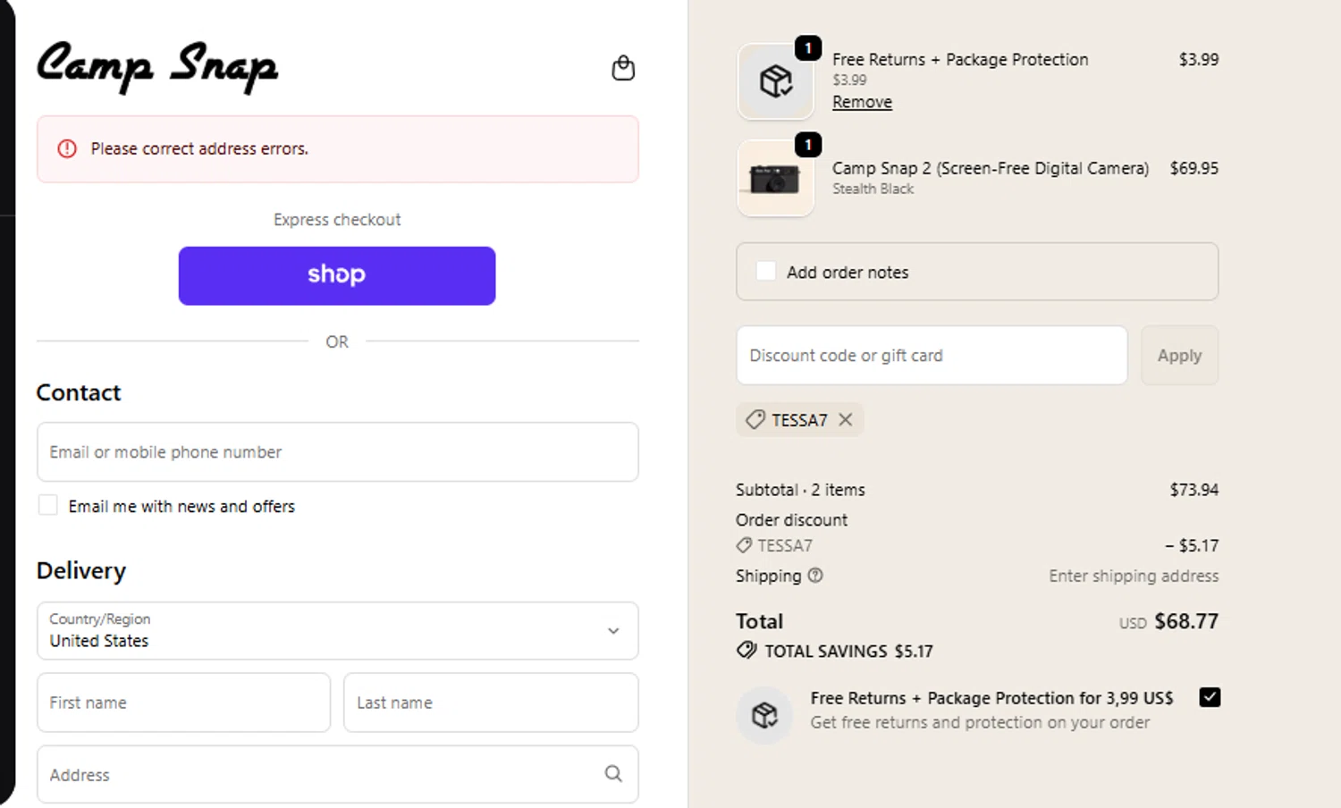 Camp Snap promo code screenshot showing code TESSA7 applied at Camp Snap checkout page. Uploaded by SimplyCodes community member Loki_Odinson on Jun 23, 2026