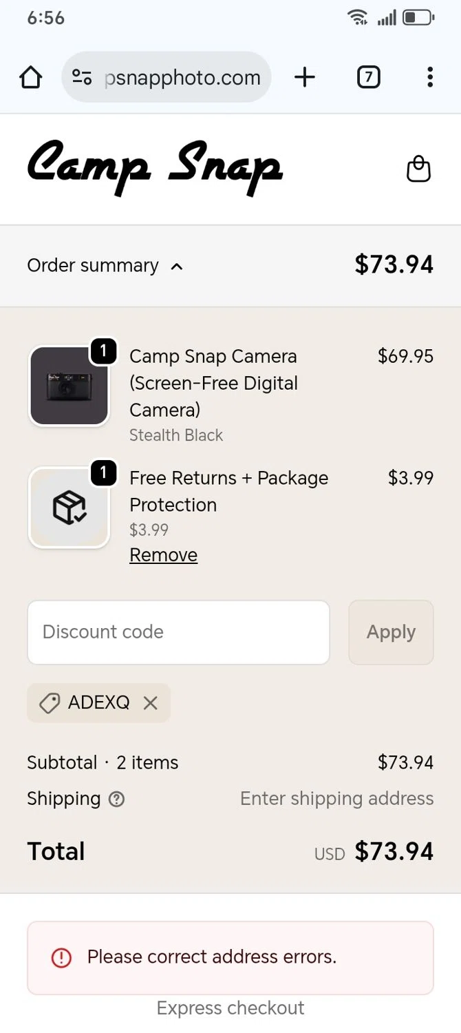 Camp Snap promo code screenshot showing code ADEXQ applied at Camp Snap checkout page. Uploaded by SimplyCodes community member franksanchez on Jan 31, 2026
