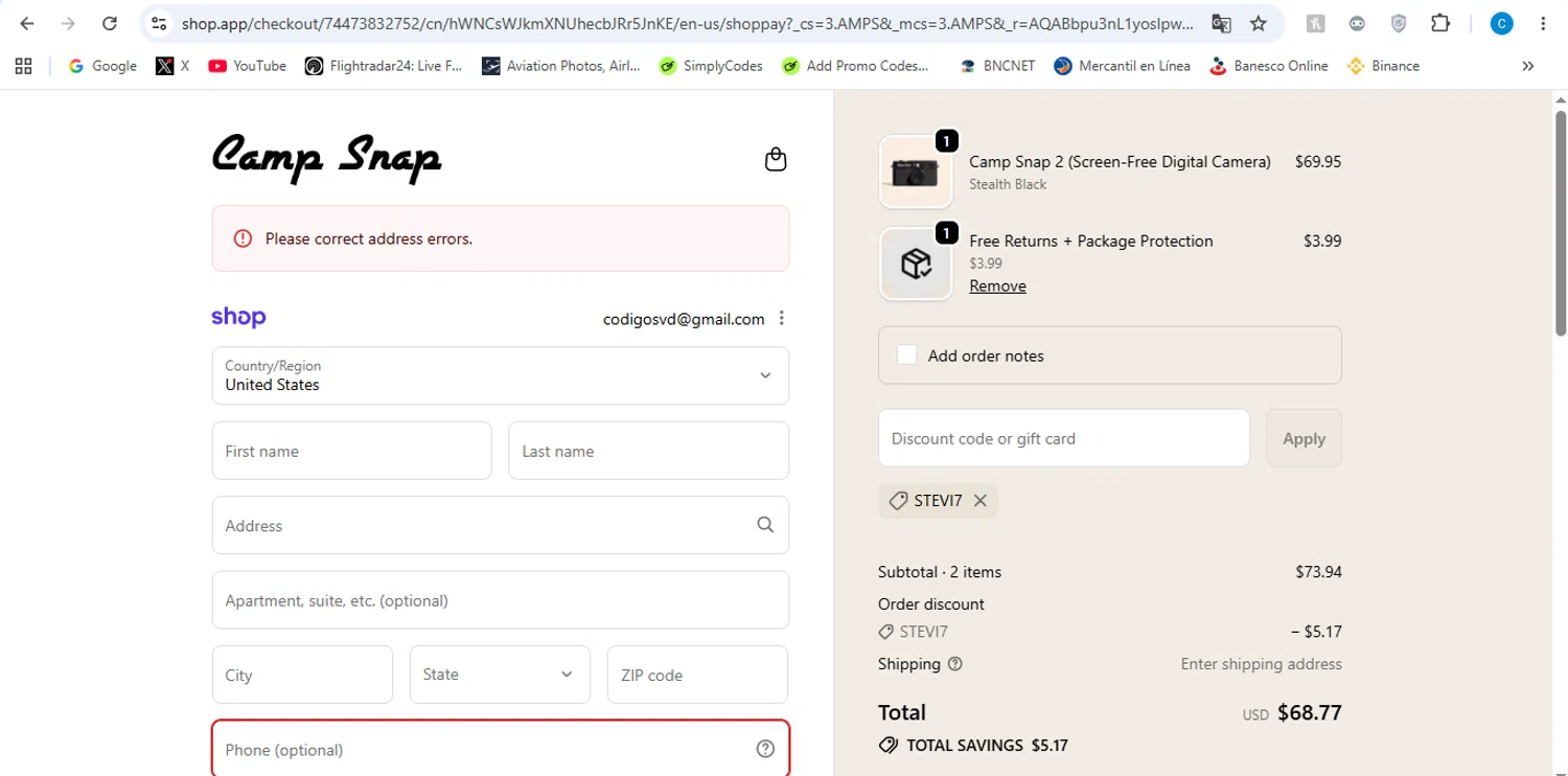 Camp Snap promo code screenshot showing code STEVI7 applied at Camp Snap checkout page. Uploaded by SimplyCodes community member victor on Jun 8, 2026