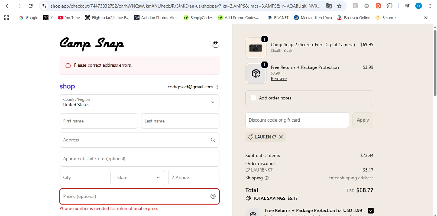 Camp Snap promo code screenshot showing code LAURENK7 applied at Camp Snap checkout page. Uploaded by SimplyCodes community member victor on Jun 23, 2026