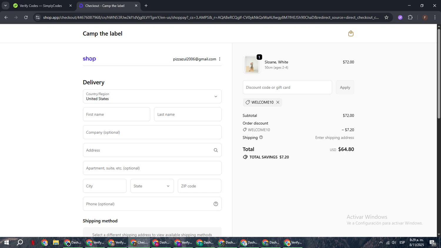 Camp the label promo code screenshot showing code WELCOME10 applied at Camp the label checkout page. Uploaded by SimplyCodes community member ExtraordinaryHunter3076 on Nov 8, 2025