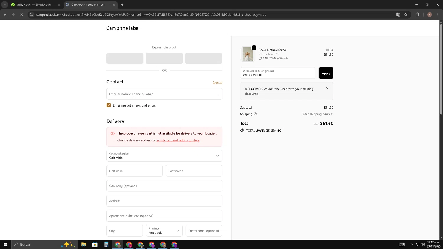 Camp the label promo code screenshot showing code WELCOME10 applied at Camp the label checkout page. Uploaded by SimplyCodes community member Kaizen on Nov 29, 2025