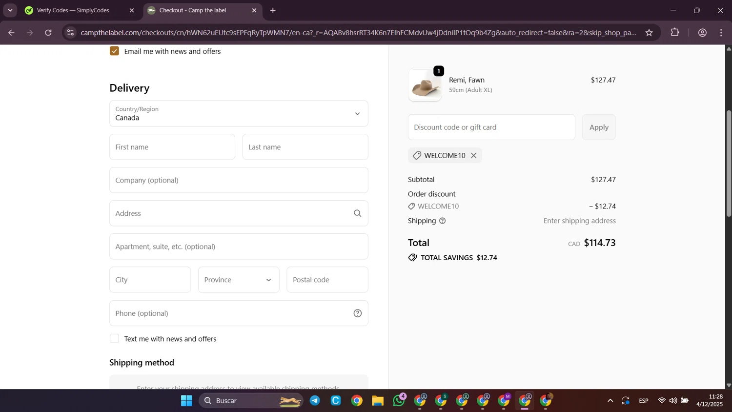 Camp the label promo code screenshot showing code WELCOME10 applied at Camp the label checkout page. Uploaded by SimplyCodes community member SilverWhiz4145 on Dec 4, 2025