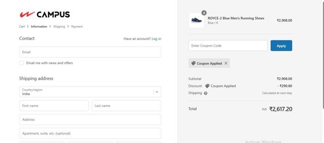 Campus Shoes checkout page showing Campus Shoes promo code box | Screenshot taken by SimplyCodes community member on May 8, 2024