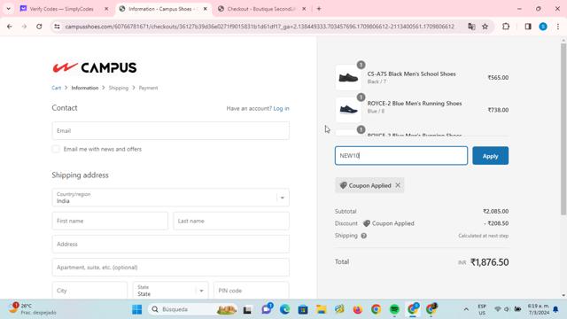 Campus Shoes checkout page showing Campus Shoes promo code box | Screenshot taken by SimplyCodes community member on Mar 7, 2024