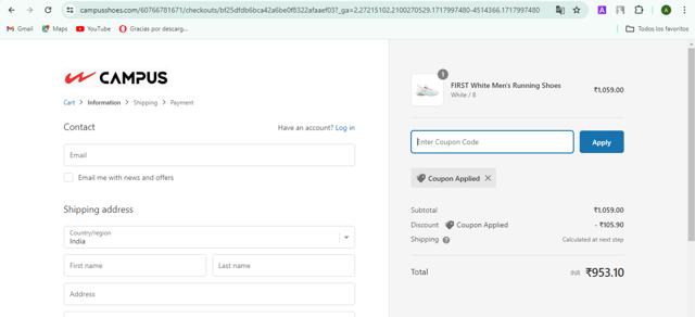 Campus Shoes checkout page showing Campus Shoes promo code box | Screenshot taken by SimplyCodes community member on Jun 10, 2024