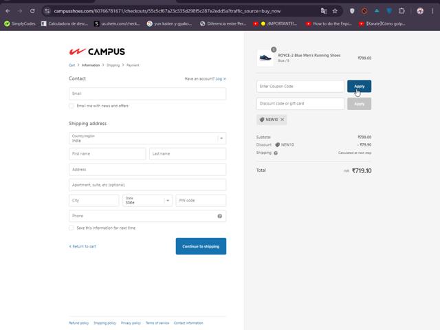 Campus Shoes checkout page showing Campus Shoes promo code box | Screenshot taken by SimplyCodes community member on Aug 5, 2024