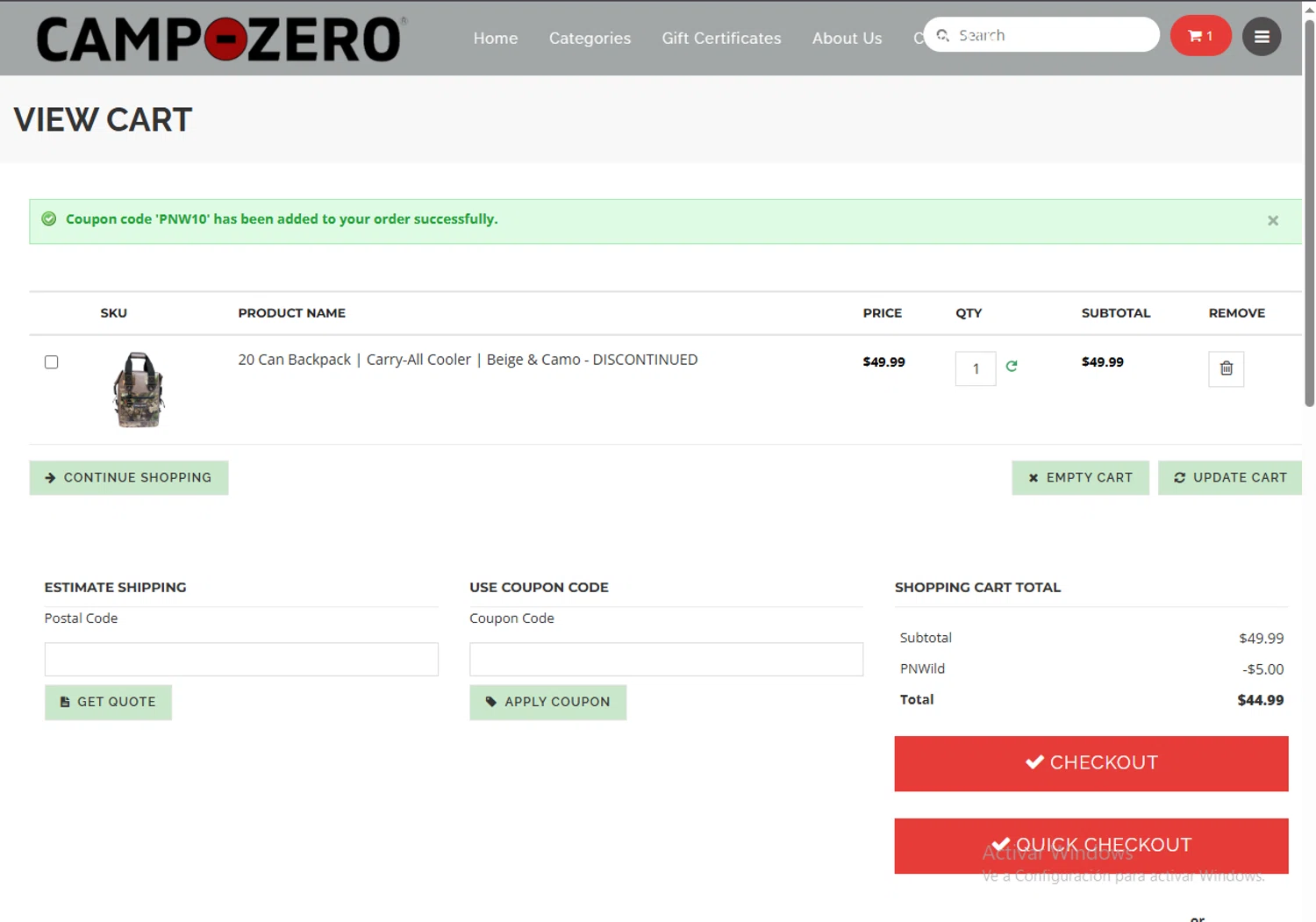 Camp-Zero promo code screenshot showing code PNW10 applied at Camp-Zero checkout page. Uploaded by SimplyCodes community member ScanSpotter1700 on Mar 21, 2025