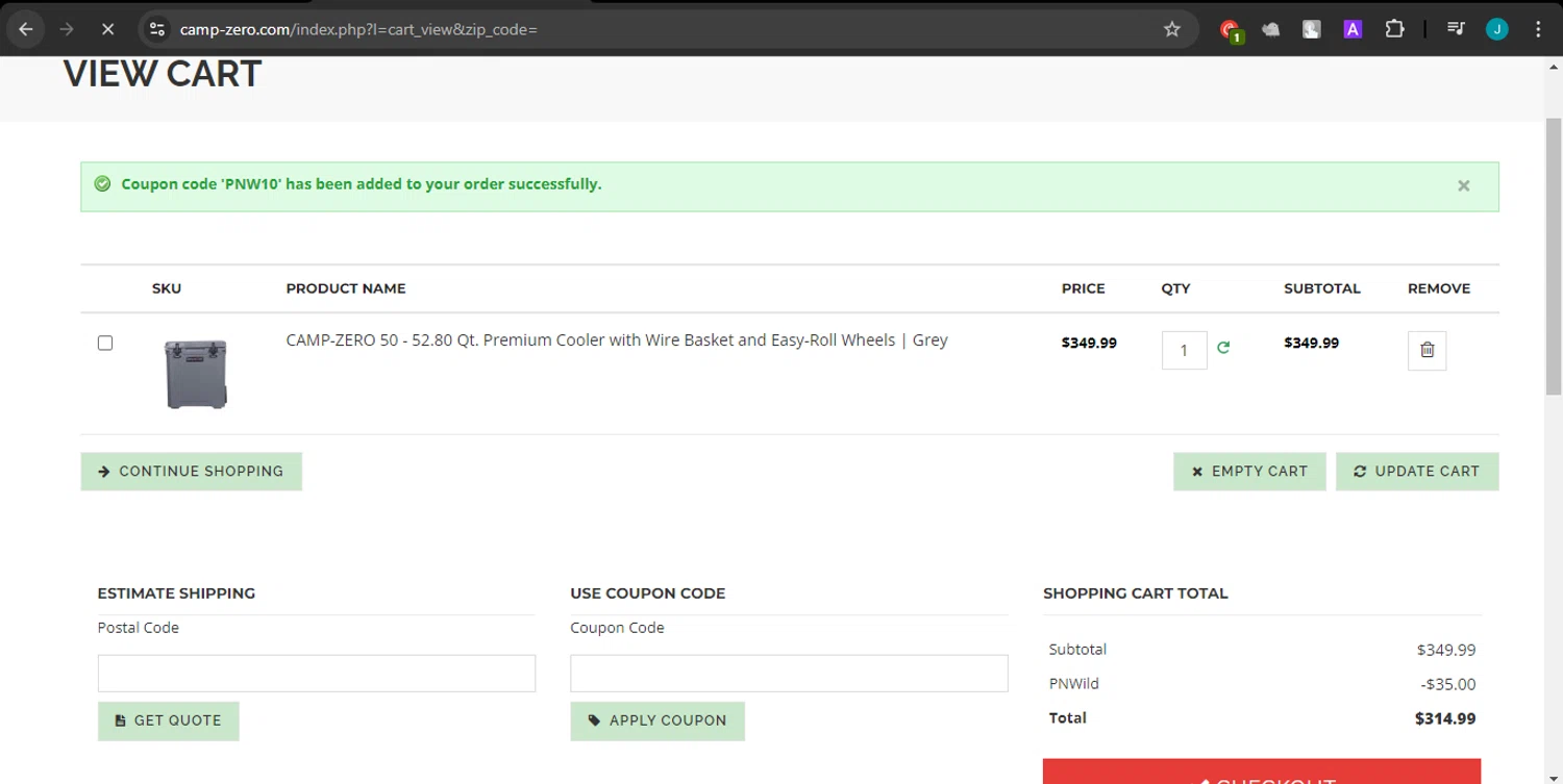 Camp-Zero checkout page showing Camp-Zero promo code box | Screenshot taken by SimplyCodes community member on Sep 2, 2024