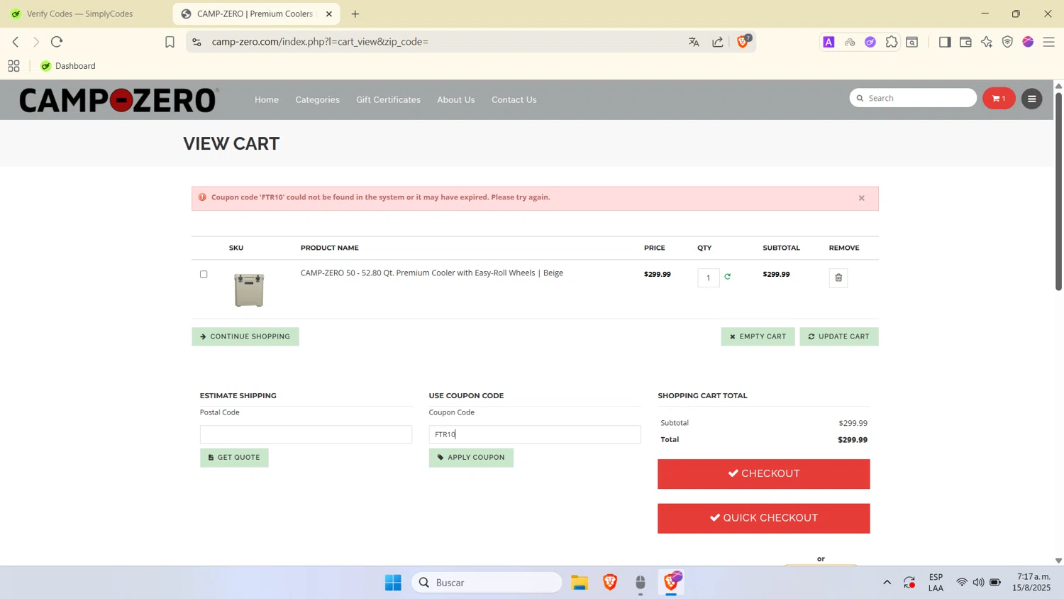 Camp-Zero promo code screenshot showing code FTR10 applied at Camp-Zero checkout page. Uploaded by SimplyCodes community member SwiftTracker9305 on Aug 15, 2025