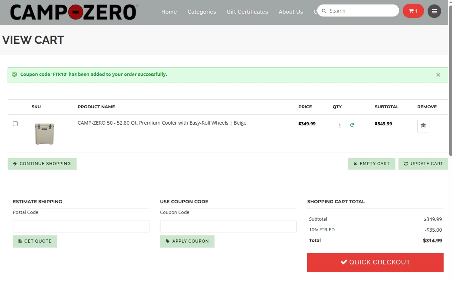 Camp-Zero promo code screenshot showing code FTR10 applied at Camp-Zero checkout page. Uploaded by SimplyCodes community member ashe1986 on Nov 12, 2025