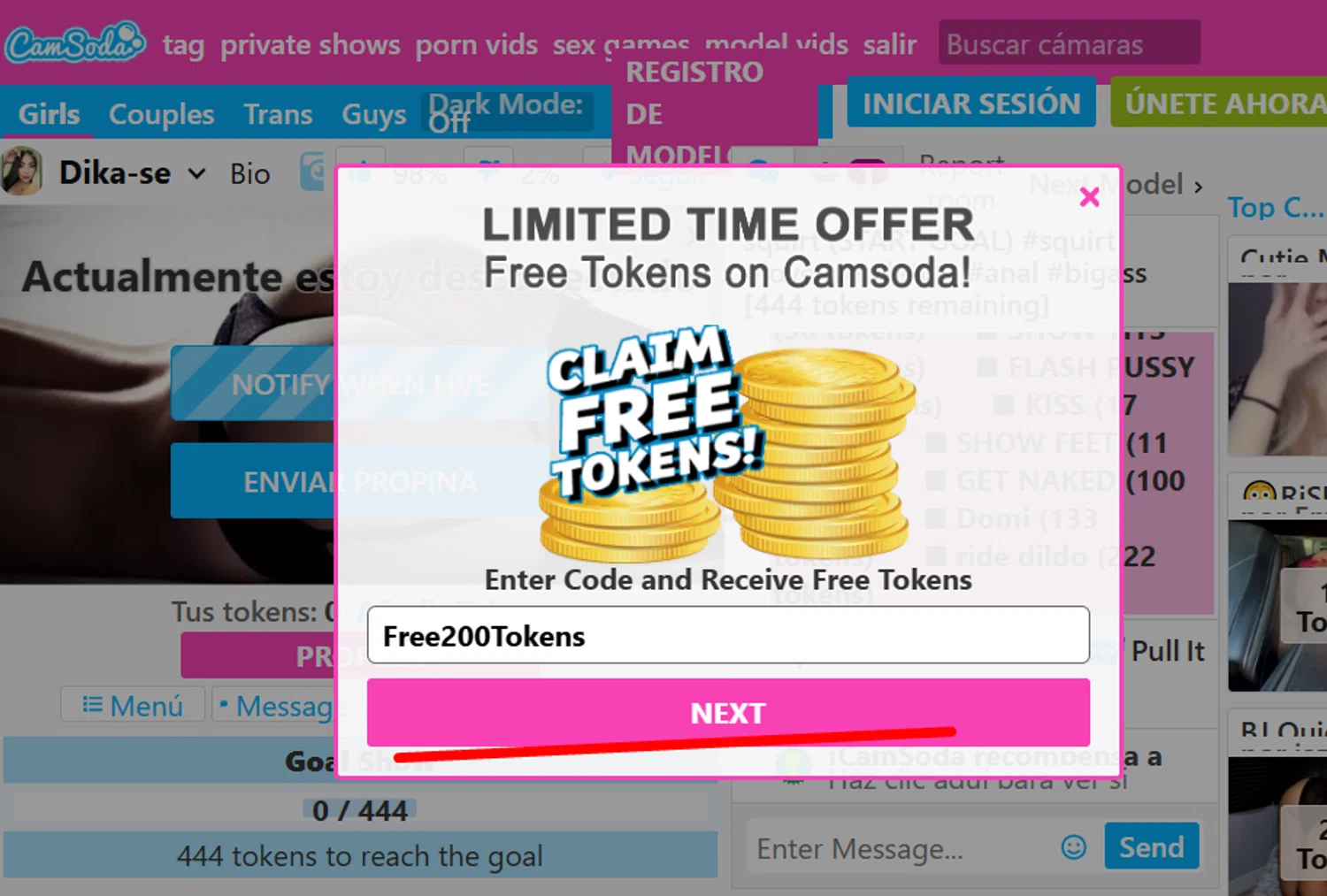 CamSoda promo code screenshot showing code Free200Tokens applied at CamSoda checkout page. Uploaded by SimplyCodes community member paola49520 on Sep 8, 2025