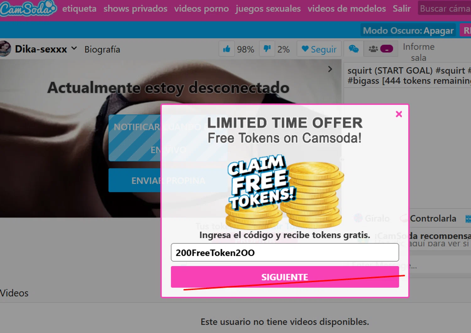 CamSoda promo code screenshot showing code 200FreeToken2OO applied at CamSoda checkout page. Uploaded by SimplyCodes community member paola49520 on Feb 16, 2026