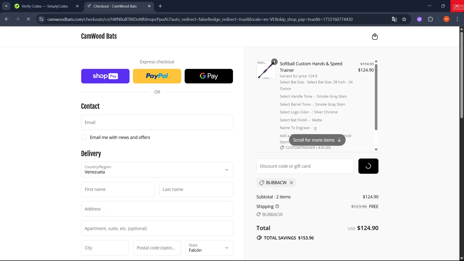 CamWood Bats discount code screenshot showing code BUBBACW applied at CamWood Bats checkout page. Uploaded by SimplyCodes community member PromoMonarch895 on Jul 22, 2025