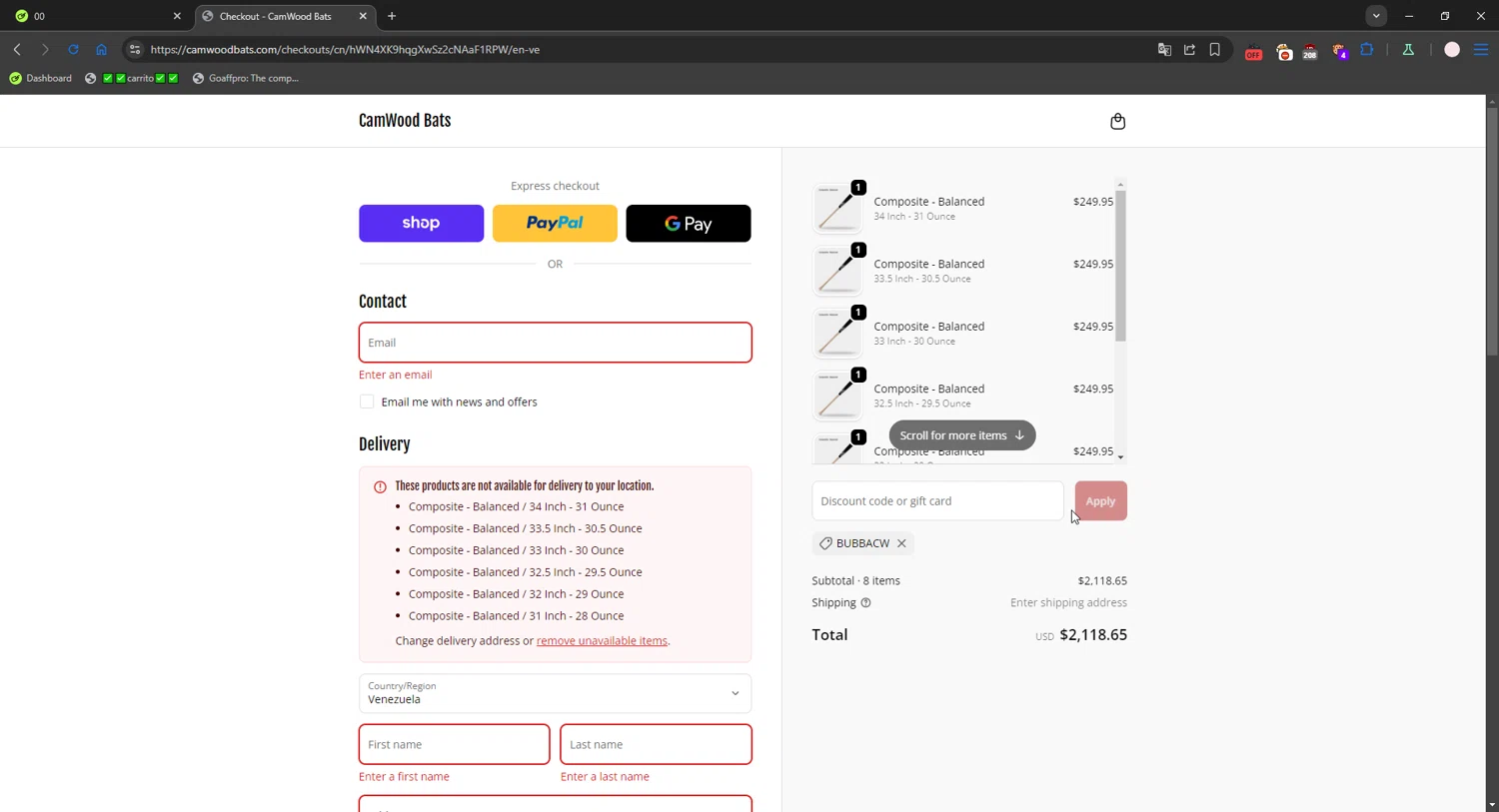 CamWood Bats discount code screenshot showing code BUBBACW applied at CamWood Bats checkout page. Uploaded by SimplyCodes community member connyshan2154 on Oct 25, 2025