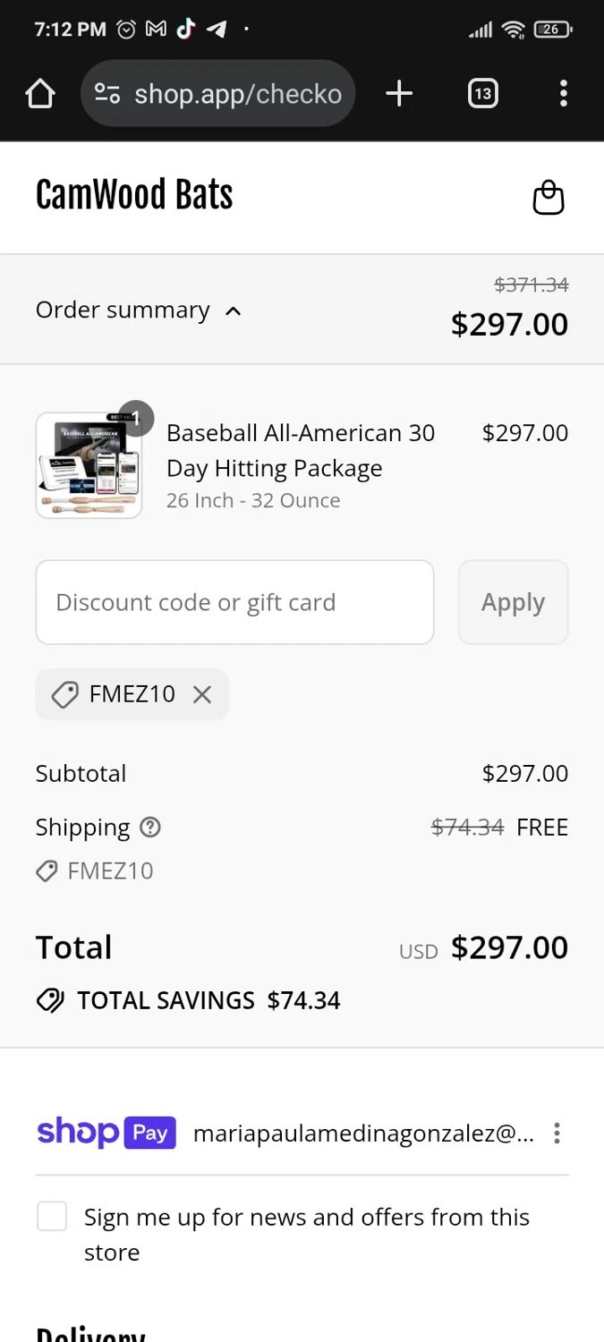 CamWood Bats discount code screenshot showing code FMEZ10 applied at CamWood Bats checkout page. Uploaded by SimplyCodes community member PromoMaven605 on Aug 3, 2025