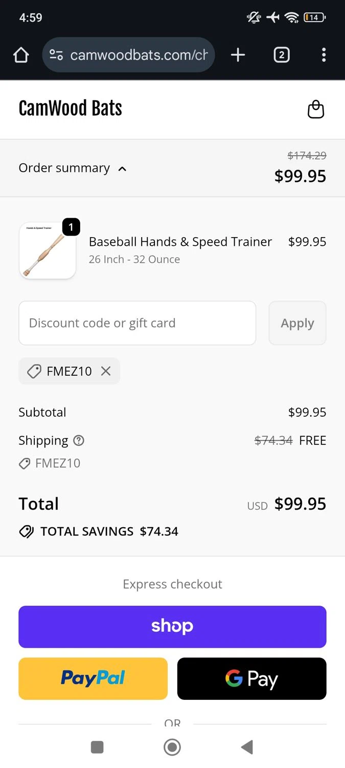 CamWood Bats discount code screenshot showing code FMEZ10 applied at CamWood Bats checkout page. Uploaded by SimplyCodes community member RoyalSpotter5217 on Sep 26, 2025