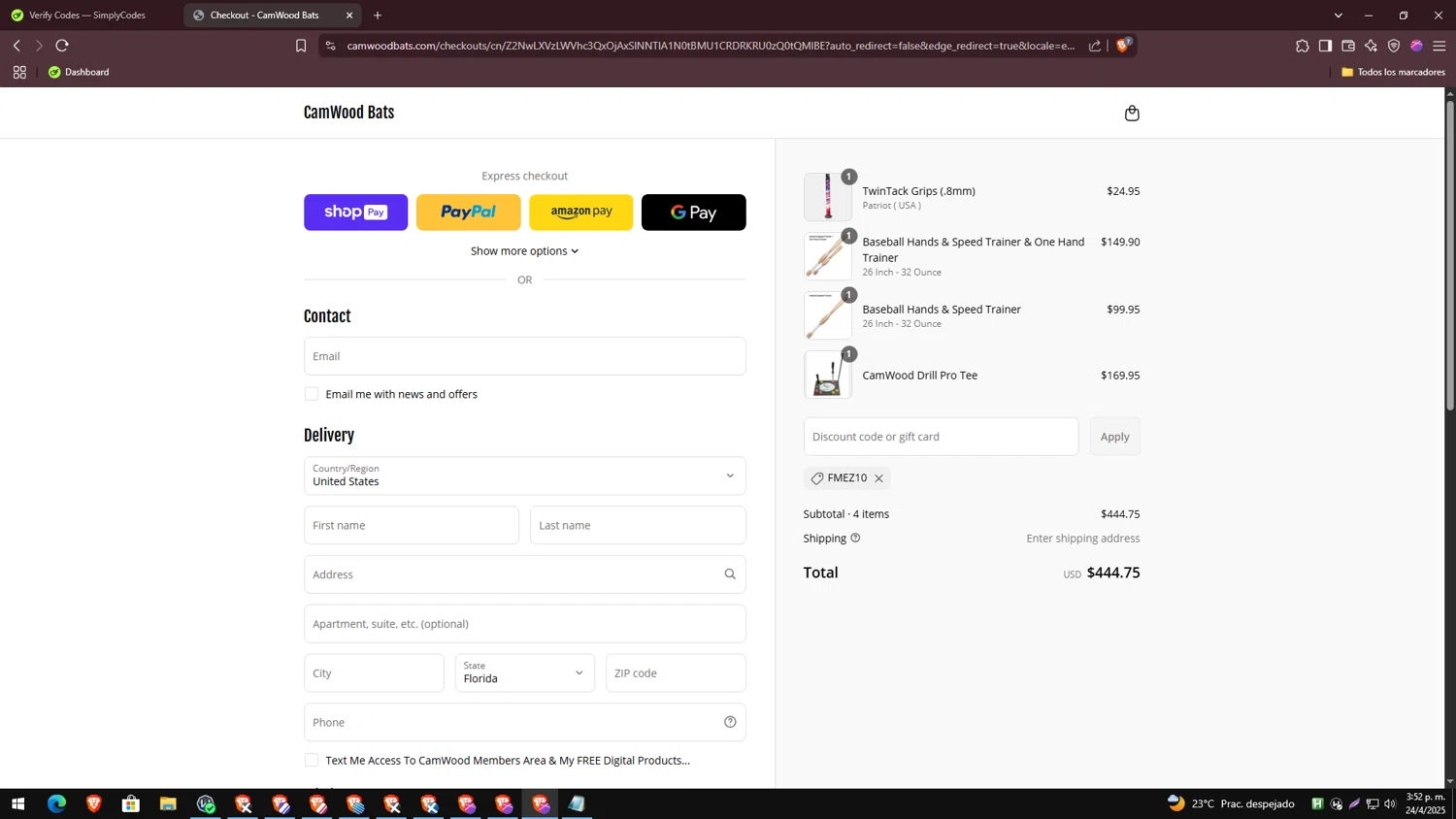 CamWood Bats discount code screenshot showing code FMEZ10 applied at CamWood Bats checkout page. Uploaded by SimplyCodes community member CodeKnight1040 on Apr 24, 2025