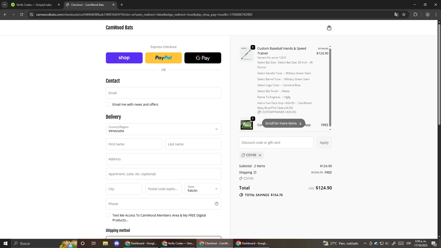CamWood Bats discount code screenshot showing code CD100 applied at CamWood Bats checkout page. Uploaded by SimplyCodes community member Pirlo420 on Oct 17, 2025