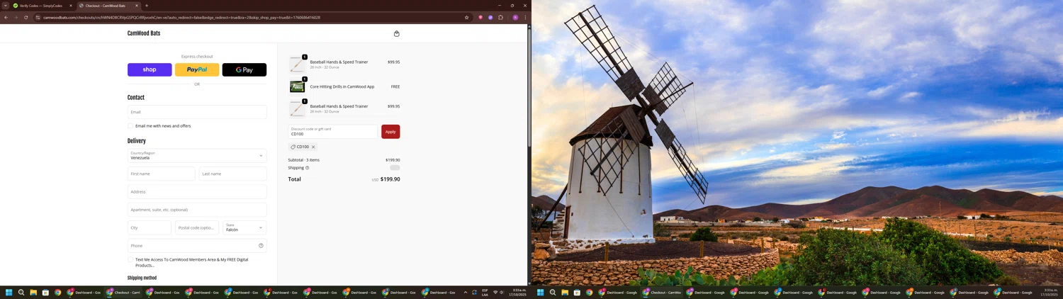 CamWood Bats discount code screenshot showing code CD100 applied at CamWood Bats checkout page. Uploaded by SimplyCodes community member RoyalSentinel4577 on Oct 17, 2025