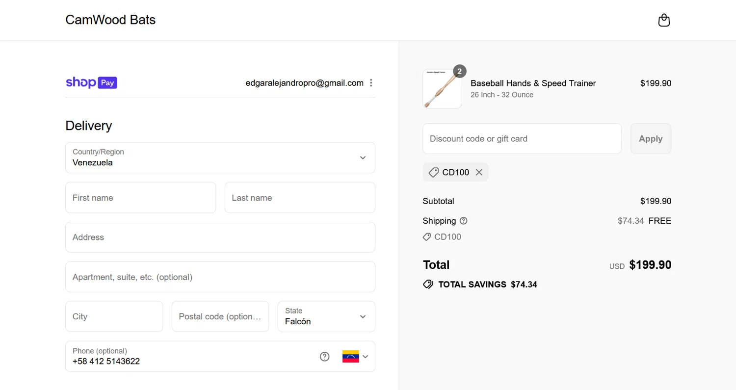 CamWood Bats discount code screenshot showing code CD100 applied at CamWood Bats checkout page. Uploaded by SimplyCodes community member ValiantLion5897 on Jul 30, 2025