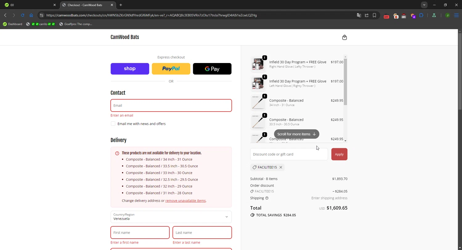 CamWood Bats discount code screenshot showing code facilitee15 applied at CamWood Bats checkout page. Uploaded by SimplyCodes community member FortunateWizard717 on Nov 23, 2025