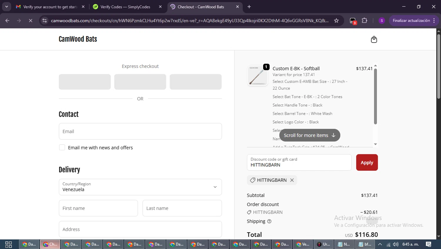 CamWood Bats discount code screenshot showing code HITTINGBARN applied at CamWood Bats checkout page. Uploaded by SimplyCodes community member ShieldWarden7838 on Dec 14, 2025