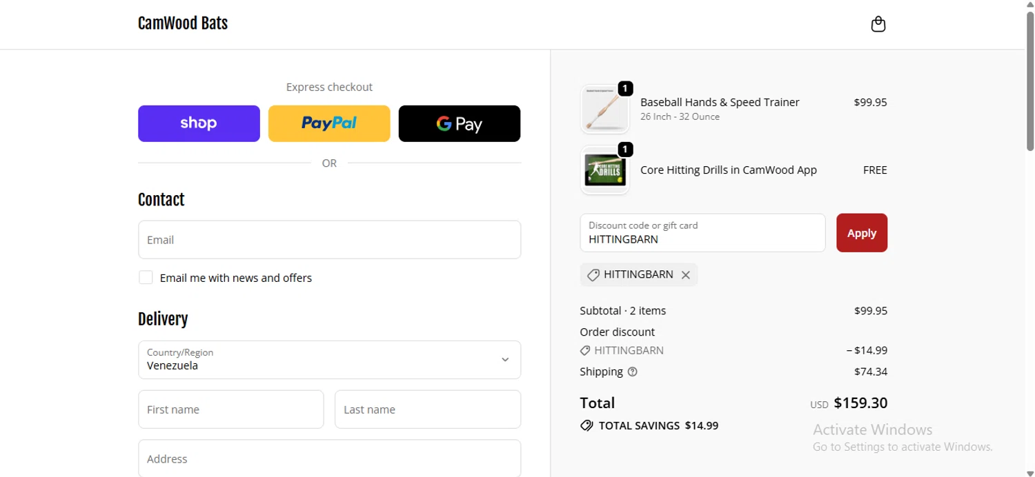 CamWood Bats discount code screenshot showing code HITTINGBARN applied at CamWood Bats checkout page. Uploaded by SimplyCodes community member anosesmith on Oct 17, 2025