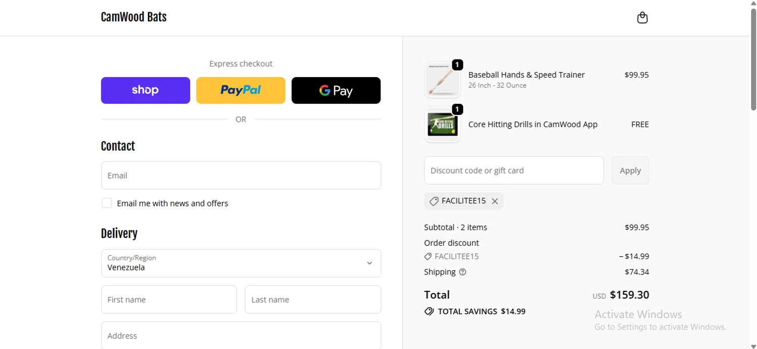 CamWood Bats discount code screenshot showing code facilitee15 applied at CamWood Bats checkout page. Uploaded by SimplyCodes community member anosesmith on Oct 17, 2025