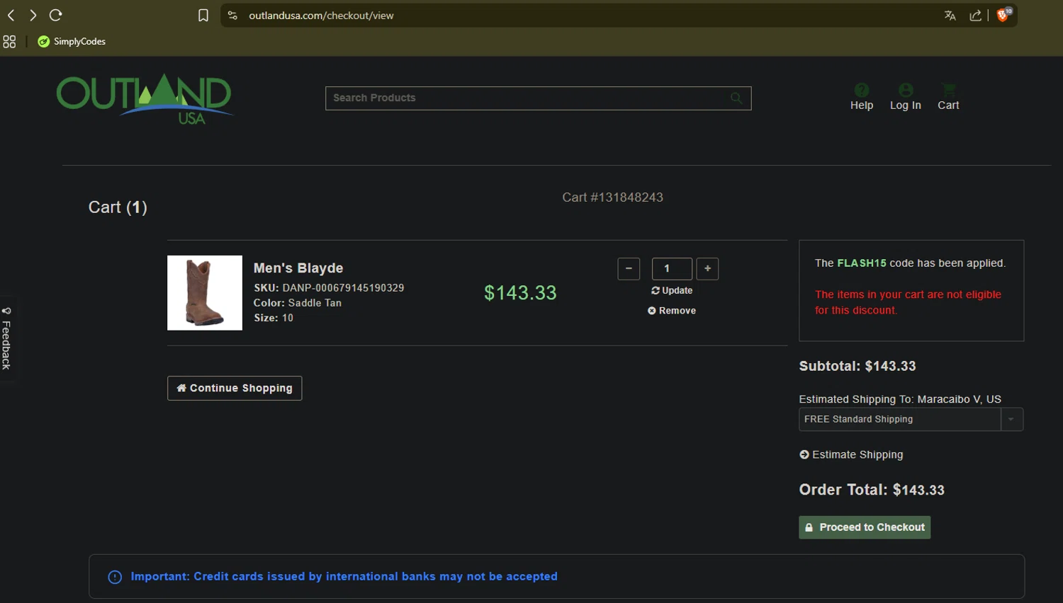 Canada Goose promo code screenshot showing code FLASH15 applied at Canada Goose checkout page. Uploaded by SimplyCodes community member KingGhidorah on Feb 7, 2026