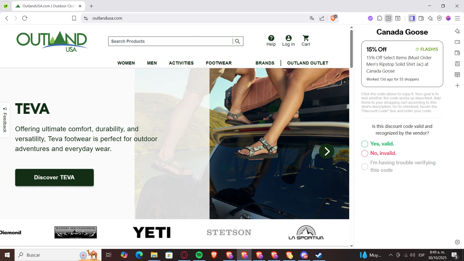 Canada Goose promo code screenshot showing code FLASH15 applied at Canada Goose checkout page. Uploaded by SimplyCodes community member Loli_Pop on Oct 30, 2025