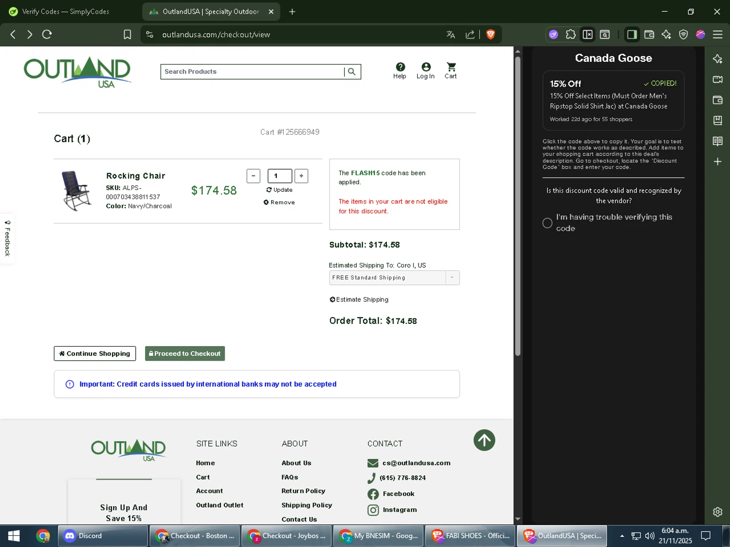 Canada Goose promo code screenshot showing code FLASH15 applied at Canada Goose checkout page. Uploaded by SimplyCodes community member Zxdqui on Nov 21, 2025