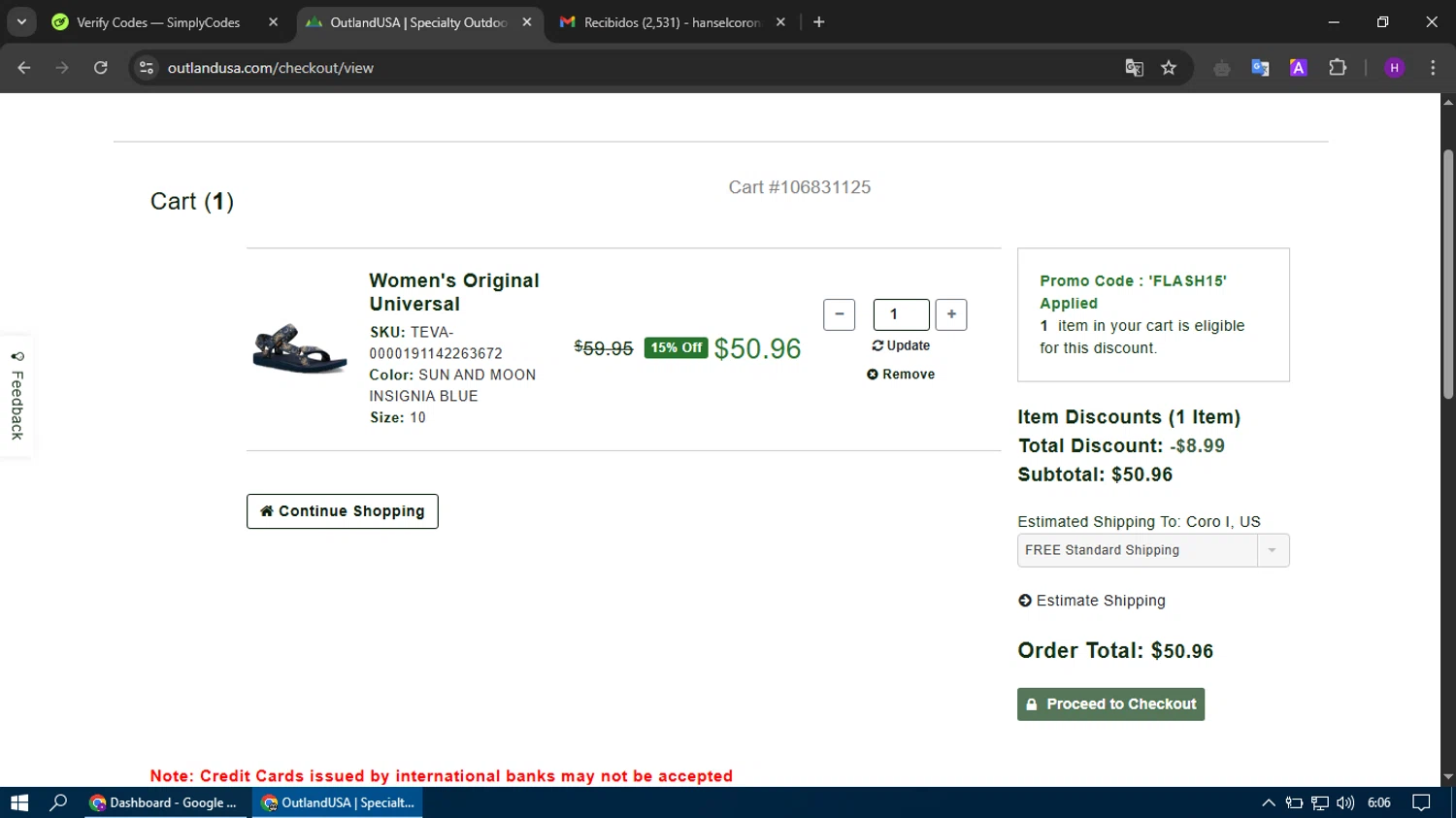 Canada Goose promo code screenshot showing code FLASH15 applied at Canada Goose checkout page. Uploaded by SimplyCodes community member tumiedo on Mar 23, 2025