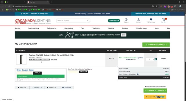 Canada Lighting Experts checkout page showing Canada Lighting Experts promo code box | Screenshot taken by SimplyCodes community member on Aug 3, 2025