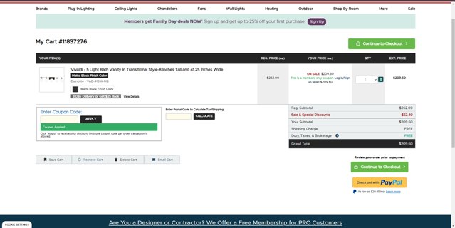 Canada Lighting Experts checkout page showing Canada Lighting Experts promo code box | Screenshot taken by SimplyCodes community member on Feb 10, 2025