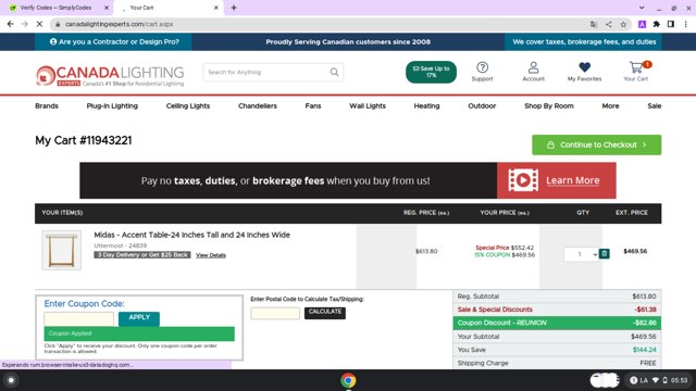 Canada Lighting Experts checkout page showing Canada Lighting Experts promo code box | Screenshot taken by SimplyCodes community member on Apr 22, 2025