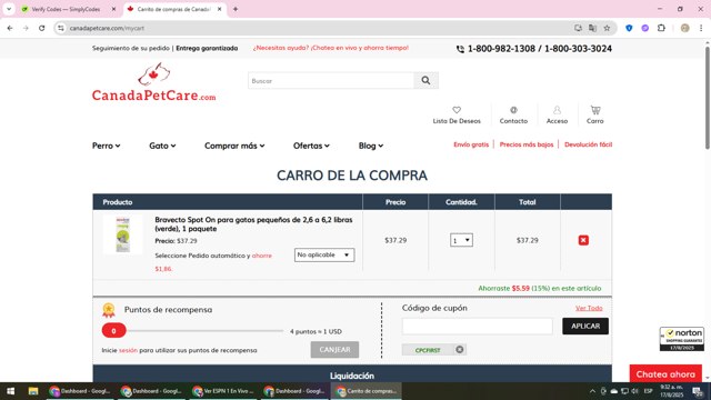 CanadaPetCare.com checkout page showing CanadaPetCare.com promo code box | Screenshot taken by SimplyCodes community member on Aug 17, 2025