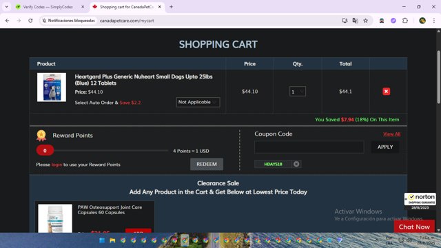 CanadaPetCare.com checkout page showing CanadaPetCare.com promo code box | Screenshot taken by SimplyCodes community member on Aug 28, 2025
