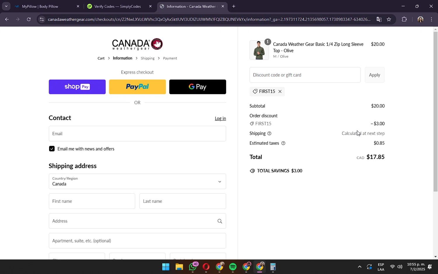 Canada Weather Gear promo code screenshot showing code FIRST15 applied at Canada Weather Gear checkout page. Uploaded by SimplyCodes community member OliviaRodrigo on Feb 8, 2025