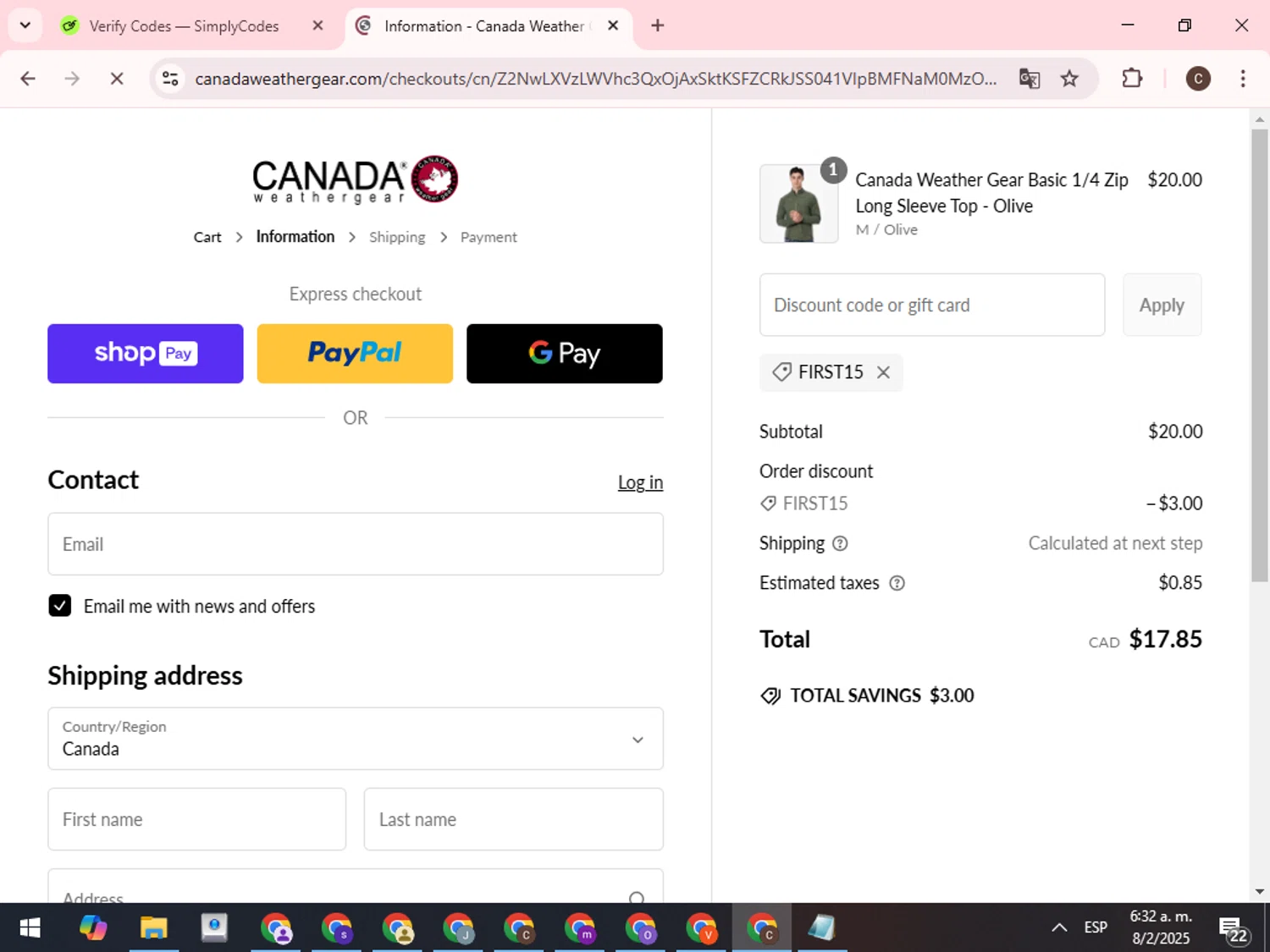 Canada Weather Gear promo code screenshot showing code FIRST15 applied at Canada Weather Gear checkout page. Uploaded by SimplyCodes community member WonderCurator7831 on Feb 8, 2025