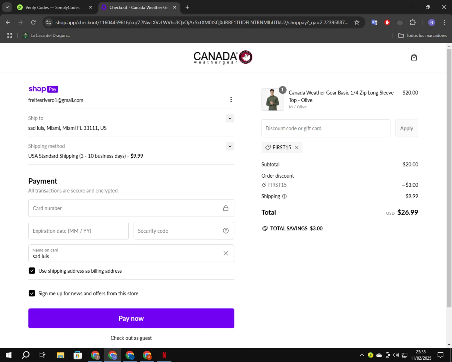 Canada Weather Gear promo code screenshot showing code FIRST15 applied at Canada Weather Gear checkout page. Uploaded by SimplyCodes community member RoyalGuardian2978 on Feb 12, 2025