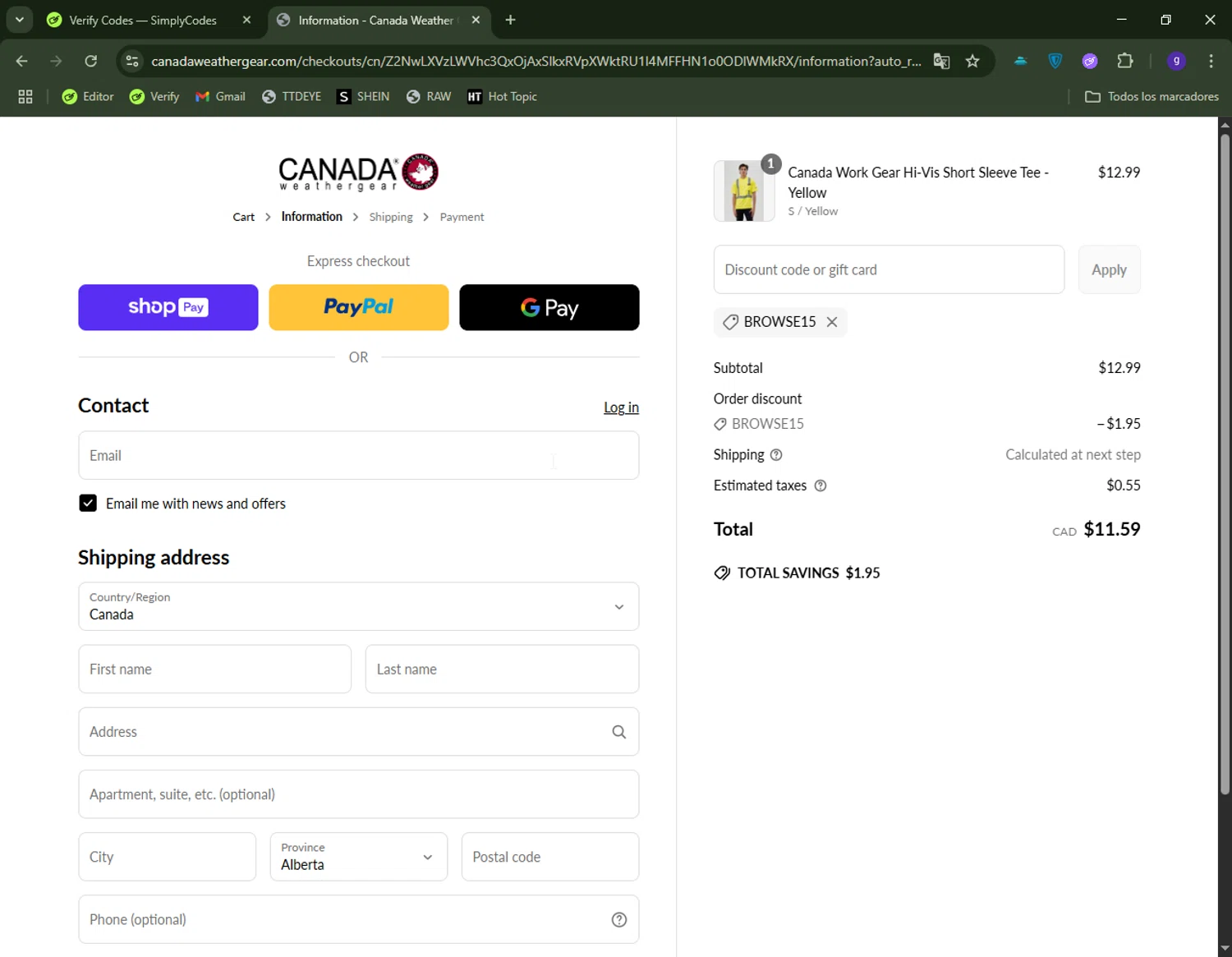 Canada Weather Gear promo code screenshot showing code BROWSE15 applied at Canada Weather Gear checkout page. Uploaded by SimplyCodes community member CapitanCentella on Jun 18, 2025