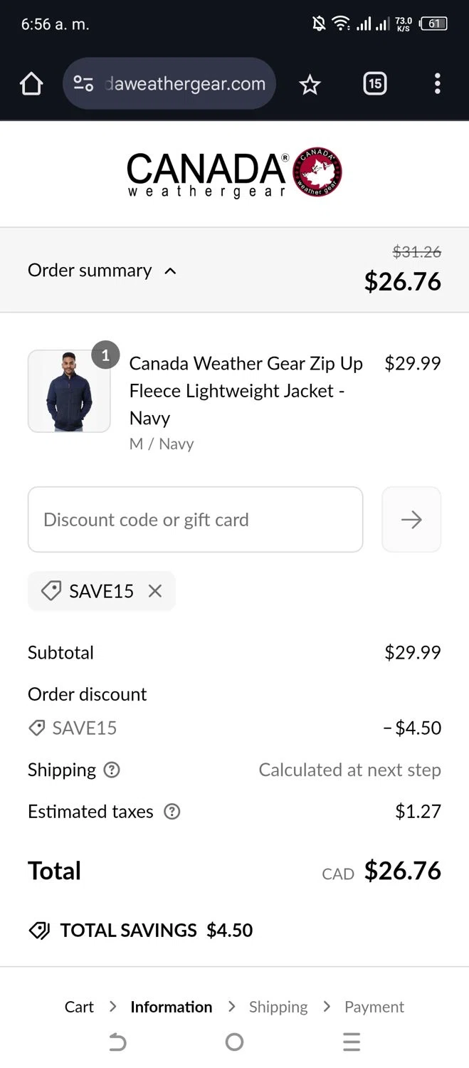 Canada Weather Gear promo code screenshot showing code SAVE15 applied at Canada Weather Gear checkout page. Uploaded by SimplyCodes community member Alejandra10 on Mar 13, 2025