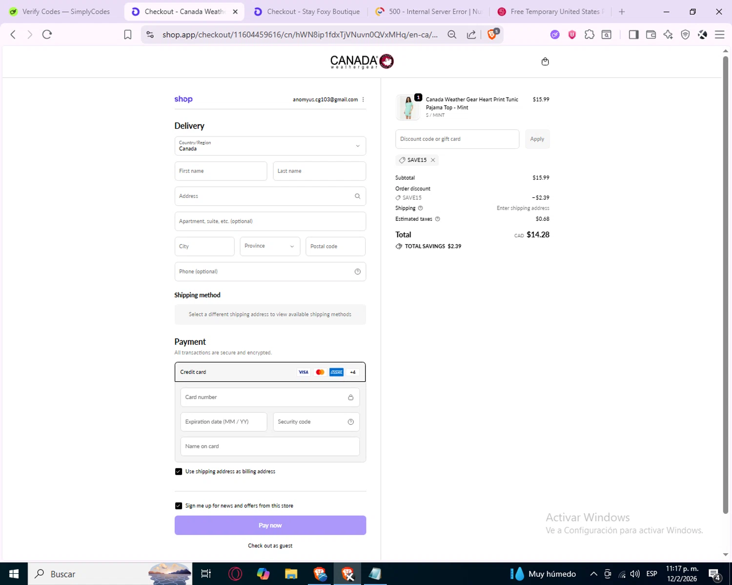 Canada Weather Gear checkout page showing Canada Weather Gear promo code box | Screenshot taken by SimplyCodes community member on Feb 13, 2026